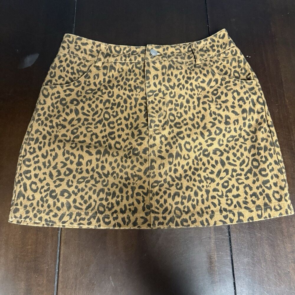 Sans Souci Cheetah Leopard Print Mini Denim Jean Skirt High Waist Size Medium